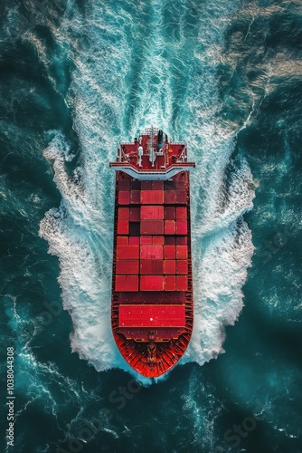 Aerial view of a cargo ship navigating through the ocean waves under bright s...