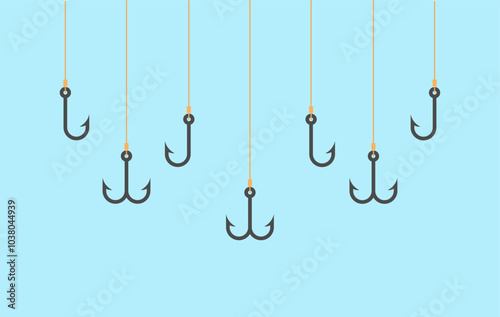 Fishing hooks icons on blue background