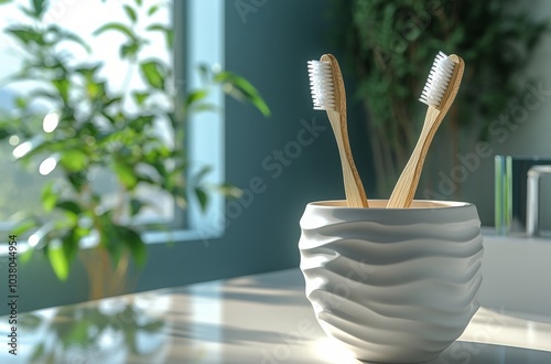 Two eco friendly bamboo toothbrushes displayed in modern holders on a bathroo...