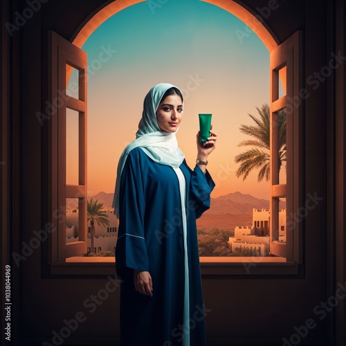 Close-up female arab model with hijab holding beauty products. Beautiful young saudi or uae woman holding  make up product. Fashion and beauty concept