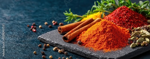 Colorful mix of ground spices and whole herbs scattered on a slate board, creating a vibrant culinary display photo