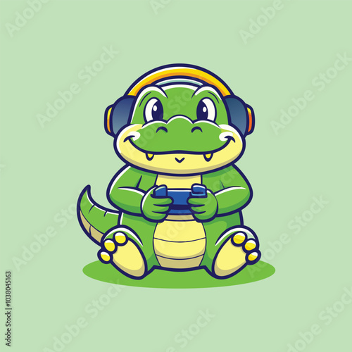 Cute Green Crocodile Gamer Wearing Headphones Cartoon Vector Icon Illustration.