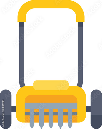 Illustration of a yellow scarifier machine for lawn aeration with rotating blades, isolated on white background