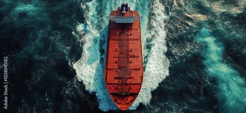 Aerial view of a large cargo ship navigating through ocean waves during dayli...