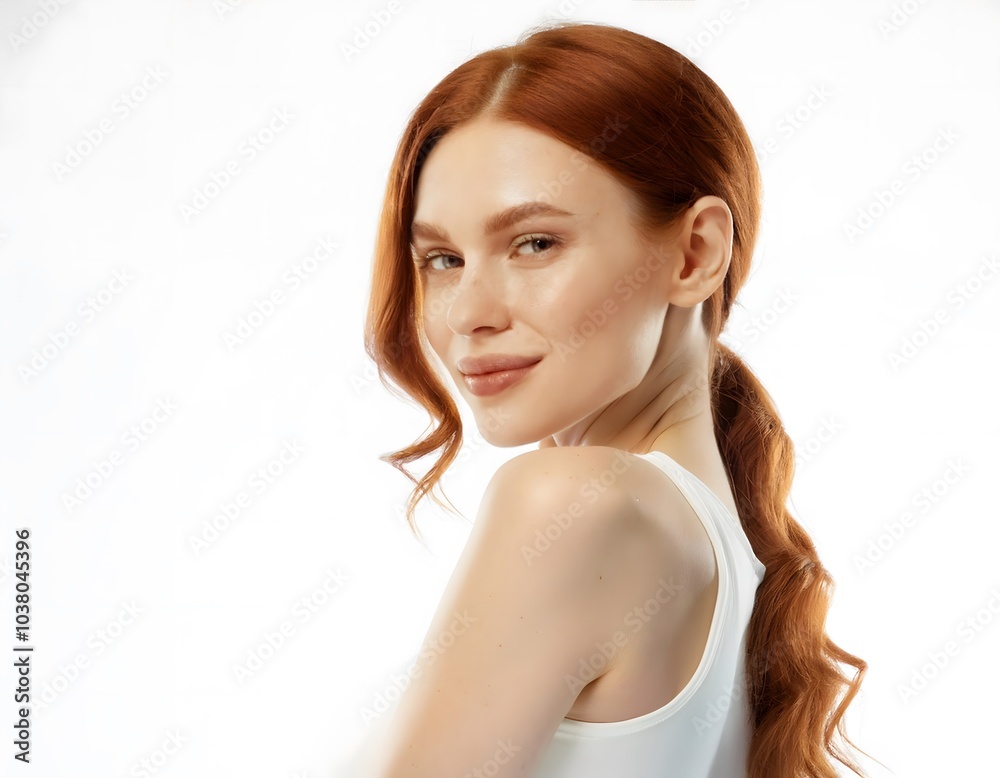 Self-care and wellness. Beautiful young red haired girl with slim body, posing in underwear isolated on white studio background. Concept of natural female beauty, body and skin care, health Self-care and wellness. Beautiful young red haired girl with slim body, posing in underwear isolated on white studio background. Concept of natural female beauty, body and skin care, health