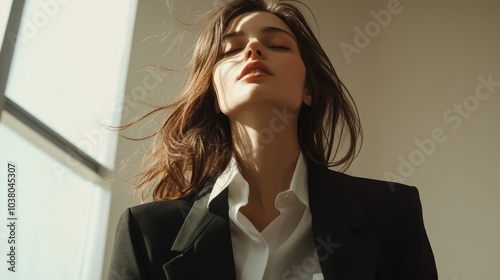 Portrait of Woman in Black Blazer Sunlit Indoors Reflecting Serenity and Elegance