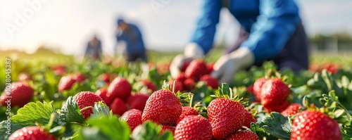 Harvesting fresh strawberries a glimpse into the labor-intensive process of berry picking in a vibrant agricultural field