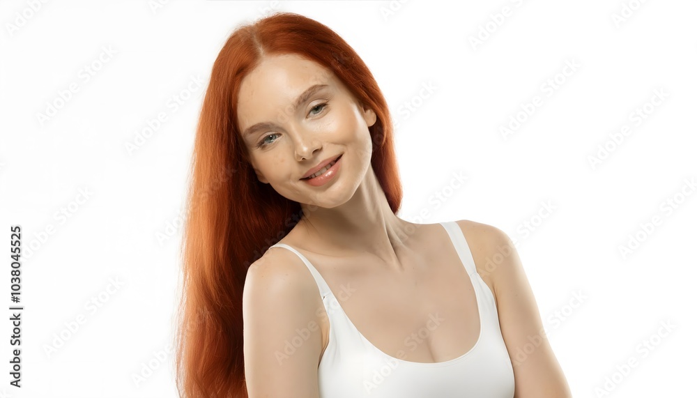 Fototapeta premium Self-care and wellness. Beautiful young red haired girl with slim body, posing in underwear isolated on white studio background. Concept of natural female beauty, body and skin care, health
