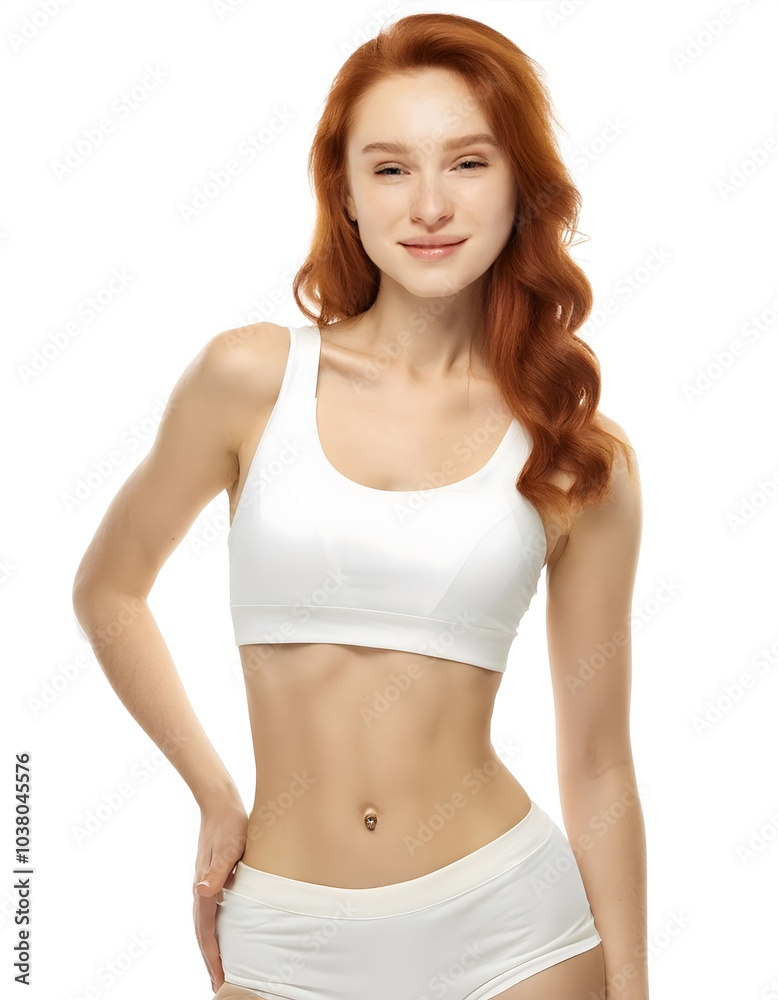 Self-care and wellness. Beautiful young red haired girl with slim body, posing in underwear isolated on white studio background. Concept of natural female beauty, body and skin care, health Self-care and wellness. Beautiful young red haired girl with slim body, posing in underwear isolated on white studio background. Concept of natural female beauty, body and skin care, health