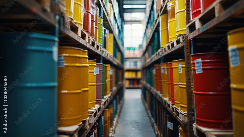 Chemical barrels in various colors on industrial shelving Chemical barrels in various colors on industrial shelving