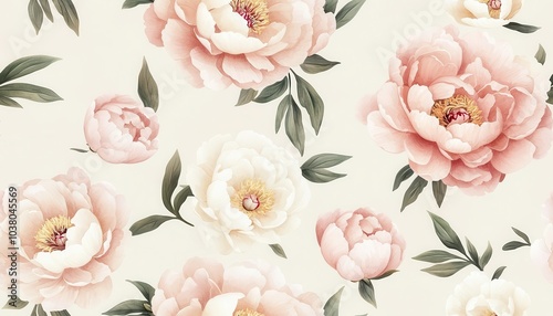Fototapeta Naklejka Na Ścianę i Meble -  Minimalist watercolor peonies in pastel pinks and whites, gently floating on a pale background, seamless pattern