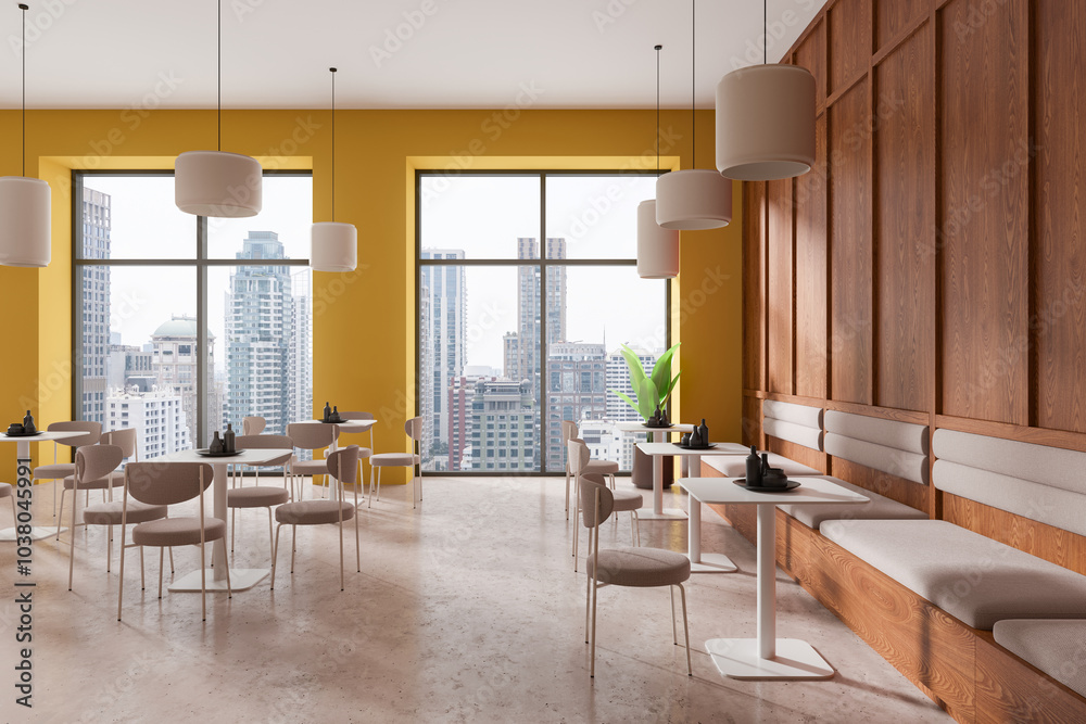 Modern cafe interior with city view and yellow walls. 3D Rendering Modern cafe interior with city view and yellow walls. 3D Rendering