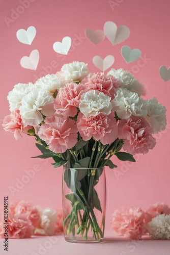 A beautiful bouquet of pink and white carnations against a soft pink backgrou...