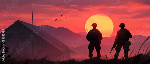 Soldiers standing guard at a military outpost as dawn breaks photo