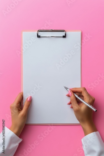 Writing notes on a clean clipboard with a pink background in a calm workspace...