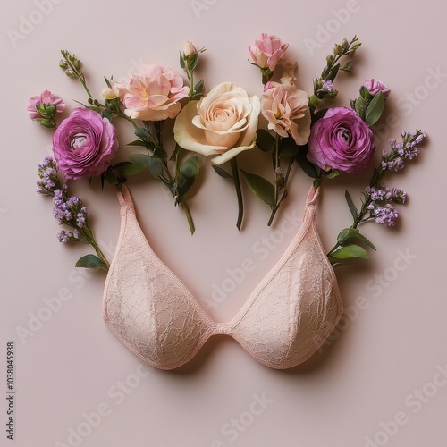 Pink lingerie adorned with colorful flowers against a soft pastel background