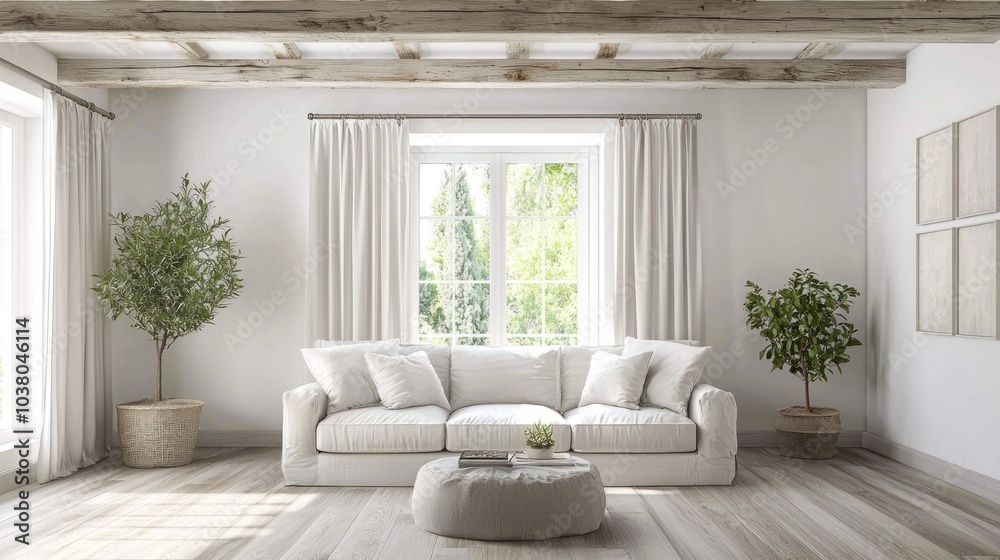 Exposed ceiling beams in a stylish, minimalist living room with neutral decor