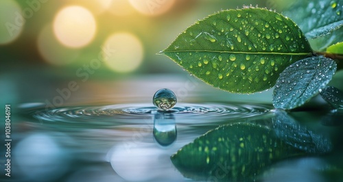 Dewdrops on vibrant green leaves with soft bokeh background in early morning ...