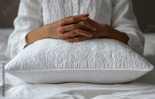 Calm hands resting on a white quilted pillow in a serene indoor setting durin...