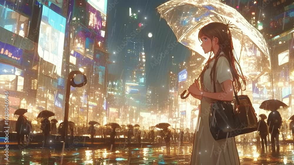 In a lively urban setting, a girl holds her umbrella, surrounded by twinkling neon lights and a crowd during a rain-soaked evening. seamless looping 4K time-lapse virtual video animation background In a lively urban setting, a girl holds her umbrella, surrounded by twinkling neon lights and a crowd during a rain-soaked evening. seamless looping 4K time-lapse virtual video animation background