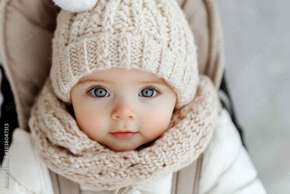 An adorable baby with bright eyes bundled up warmly in winter clothes, featuring a knit beanie and scarf, gazing curiously with a soft background. An adorable baby with bright eyes bundled up warmly in winter clothes, featuring a knit beanie and scarf, gazing curiously with a soft background.