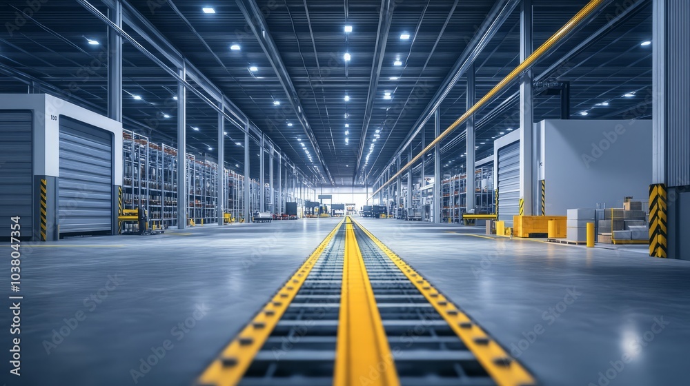 Modern Warehouse Interior: A sleek, expansive industrial warehouse showcases efficient logistics and modern infrastructure with a focus on clean lines and functionality. Modern Warehouse Interior: A sleek, expansive industrial warehouse showcases efficient logistics and modern infrastructure with a focus on clean lines and functionality.