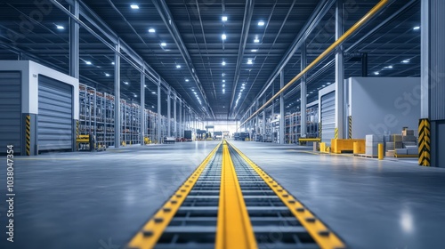 Modern Warehouse Interior: A sleek, expansive industrial warehouse showcases efficient logistics and modern infrastructure with a focus on clean lines and functionality. 