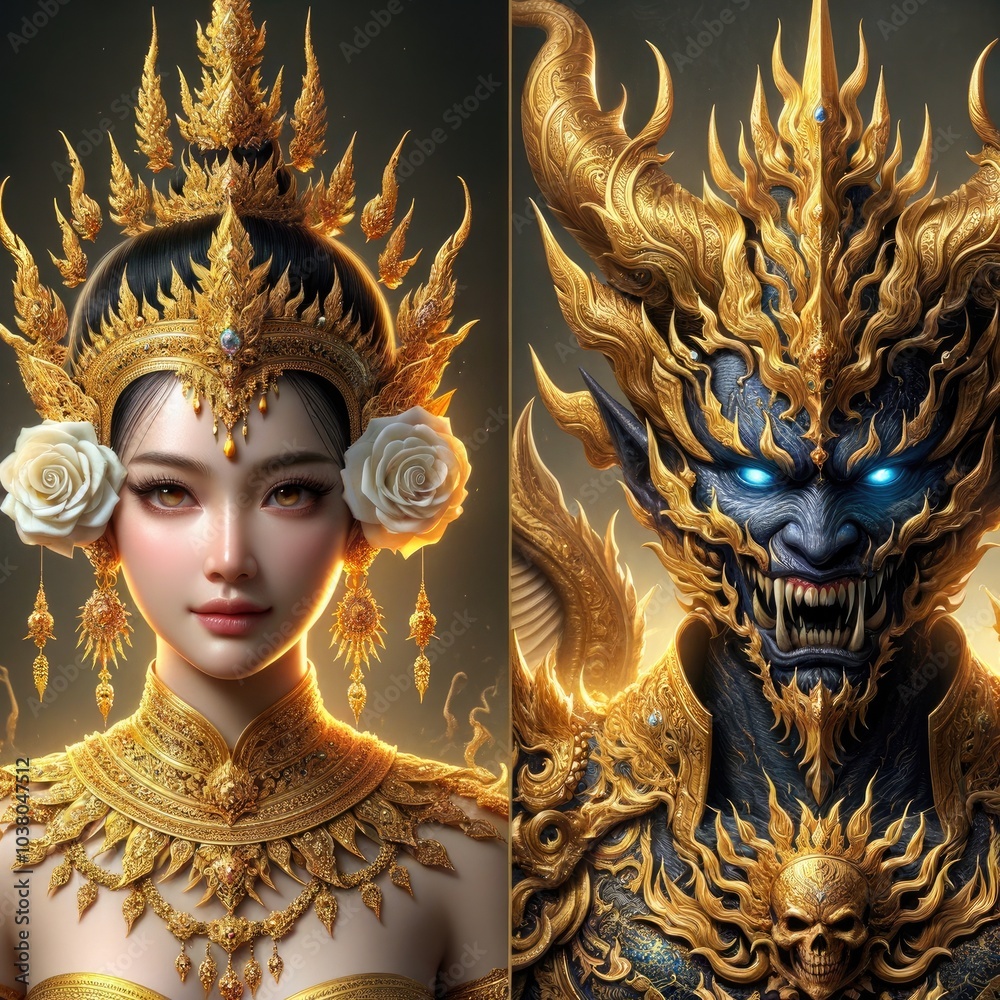 Duality of Beauty and Beast: A Stunning Fusion of Graceful Woman and Fierce Demon Warrior, Adorned in Ornate Gold, Symbolizing the Balance Between Light and Darkness