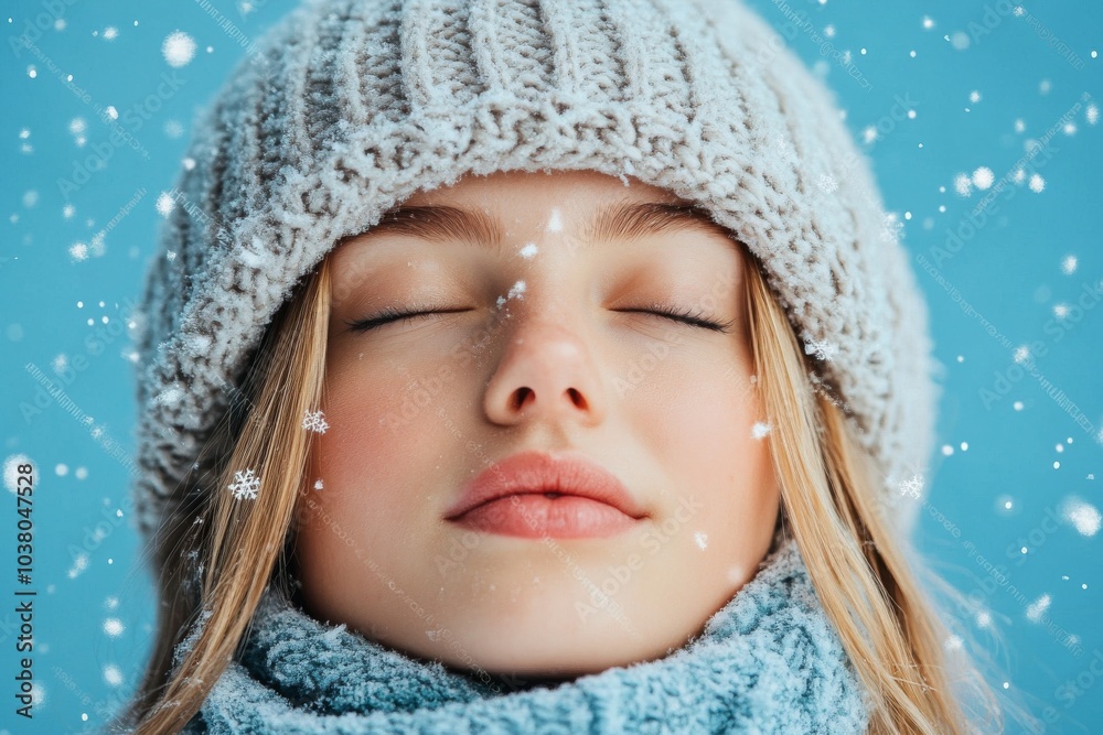 A content woman experiencing winter joy, with eyes closed and dressed in winter apparel, capturing the peacefulness and warmth against a snowy blue backdrop.