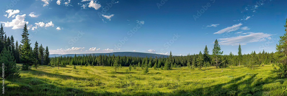 Fototapeta premium Panoramic view of the green meadow with coniferous forest and mountains in the background.
