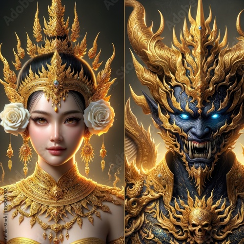 Obraz na płótnie Duality of Beauty and Beast: A Stunning Fusion of Graceful Woman and Fierce Demon Warrior, Adorned in Ornate Gold, Symbolizing the Balance Between Light and Darkness w salonie