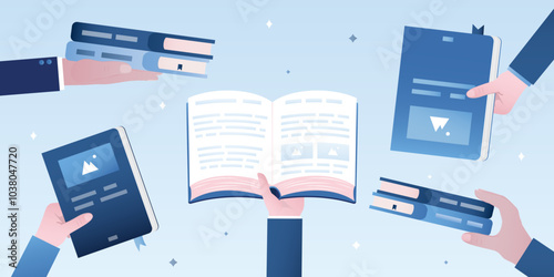 Various hands giving books. Hand holds opened book. Exchange literature or textbooks. Characters recommending, sharing and swapping books. Banner for bookcrossing advertising