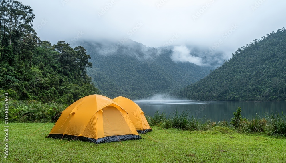 A serene campsite with two yellow tents by a misty lake, surrounded by lush greenery and mountains, perfect for outdoor adventures. A serene campsite with two yellow tents by a misty lake, surrounded by lush greenery and mountains, perfect for outdoor adventures.