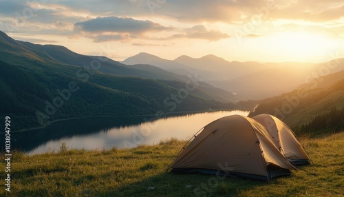 A serene landscape featuring tents near a calm lake, with mountains in the background during a golden sunset.