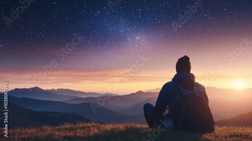 A serene landscape featuring a person gazing at the starry night sky over mountains during sunset, evoking feelings of wonder and tranquility.