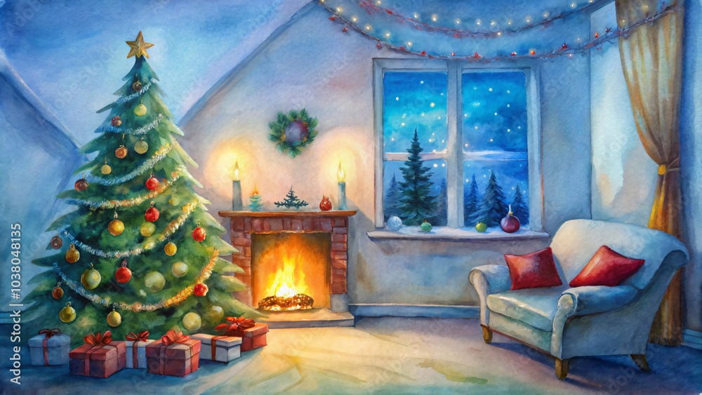 Cozy Christmas Scene with Tree and Fireplace Cozy Christmas Scene with Tree and Fireplace