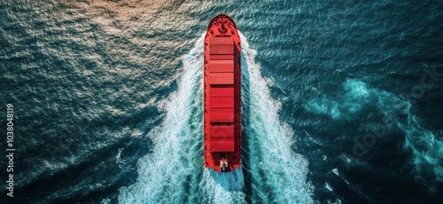 Aerial view of a large cargo ship navigating through ocean waves during dayli...