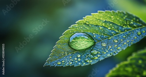 Dewdrops on vibrant green leaves with soft bokeh background in early morning ...