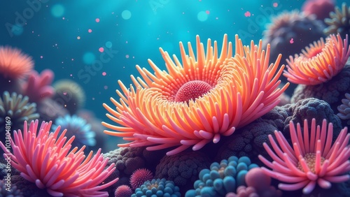 A colorful coral reef with a pink flower in the foreground