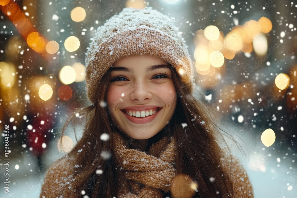 A joyful young woman with a beaming smile enjoys a snowy evening in the city, twinkling lights creating a festive and magical winter wonderland atmosphere. A joyful young woman with a beaming smile enjoys a snowy evening in the city, twinkling lights creating a festive and magical winter wonderland atmosphere.