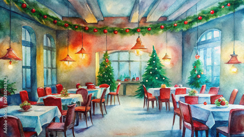 Festive Restaurant Interior with Christmas Decor Festive Restaurant Interior with Christmas Decor