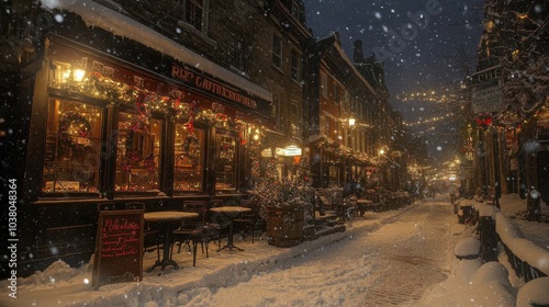Charming winter street adorned with festive lights and decorations in a cozy ...