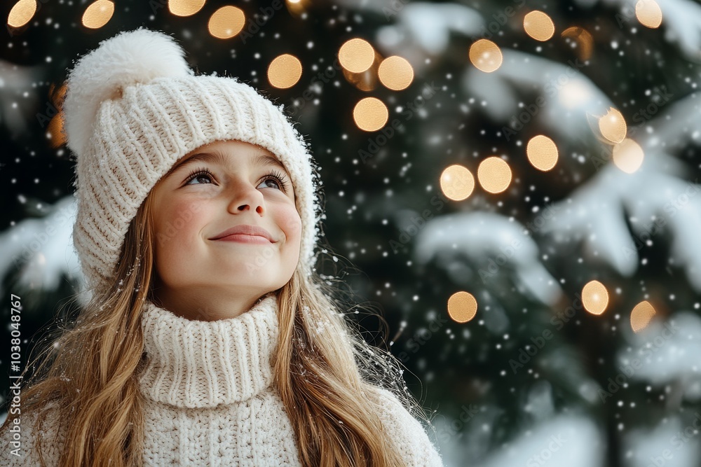 A young girl in a cozy white knitted hat looks up happily while standing in front of a blurred background with twinkling lights, capturing the magic of winter. A young girl in a cozy white knitted hat looks up happily while standing in front of a blurred background with twinkling lights, capturing the magic of winter.
