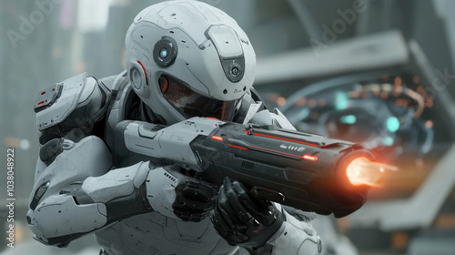 A futuristic soldier with a plasma rifle fighting in a futuristic war zone