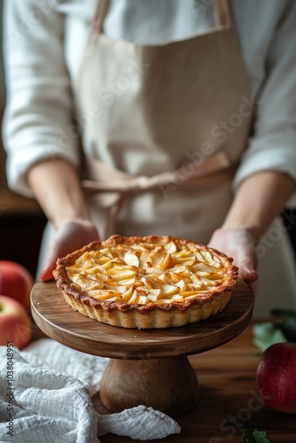 A baker presents a freshly made apple pie on a wooden pedestal surrounded by ...