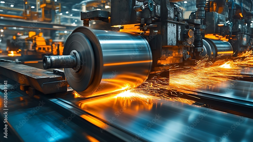 Fototapeta premium Automated rollers transport metal sheets through the production line at high speed.