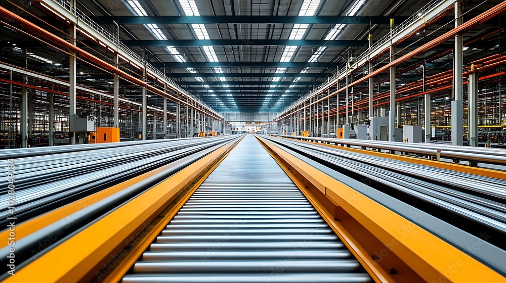 Automated rollers transport metal sheets through the production line at high speed. Automated rollers transport metal sheets through the production line at high speed.