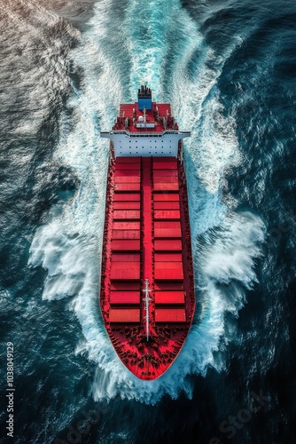Aerial view of a cargo ship navigating through the ocean waves under bright s...