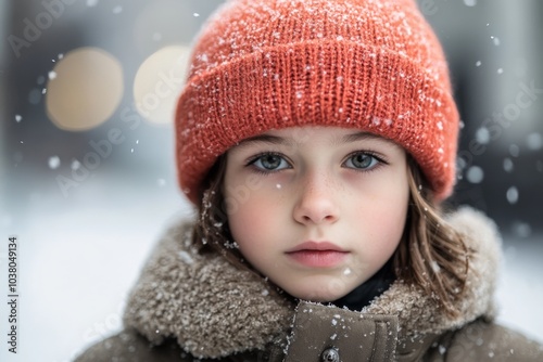 A child bundled in a red knit hat and coat stands surrounded by softly falling snow, creating a peaceful winter moment that captures simple wonder and calm.