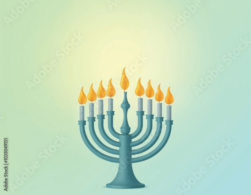 vector illustration of a turquoise menorah with the candles flames lighted up on a green background